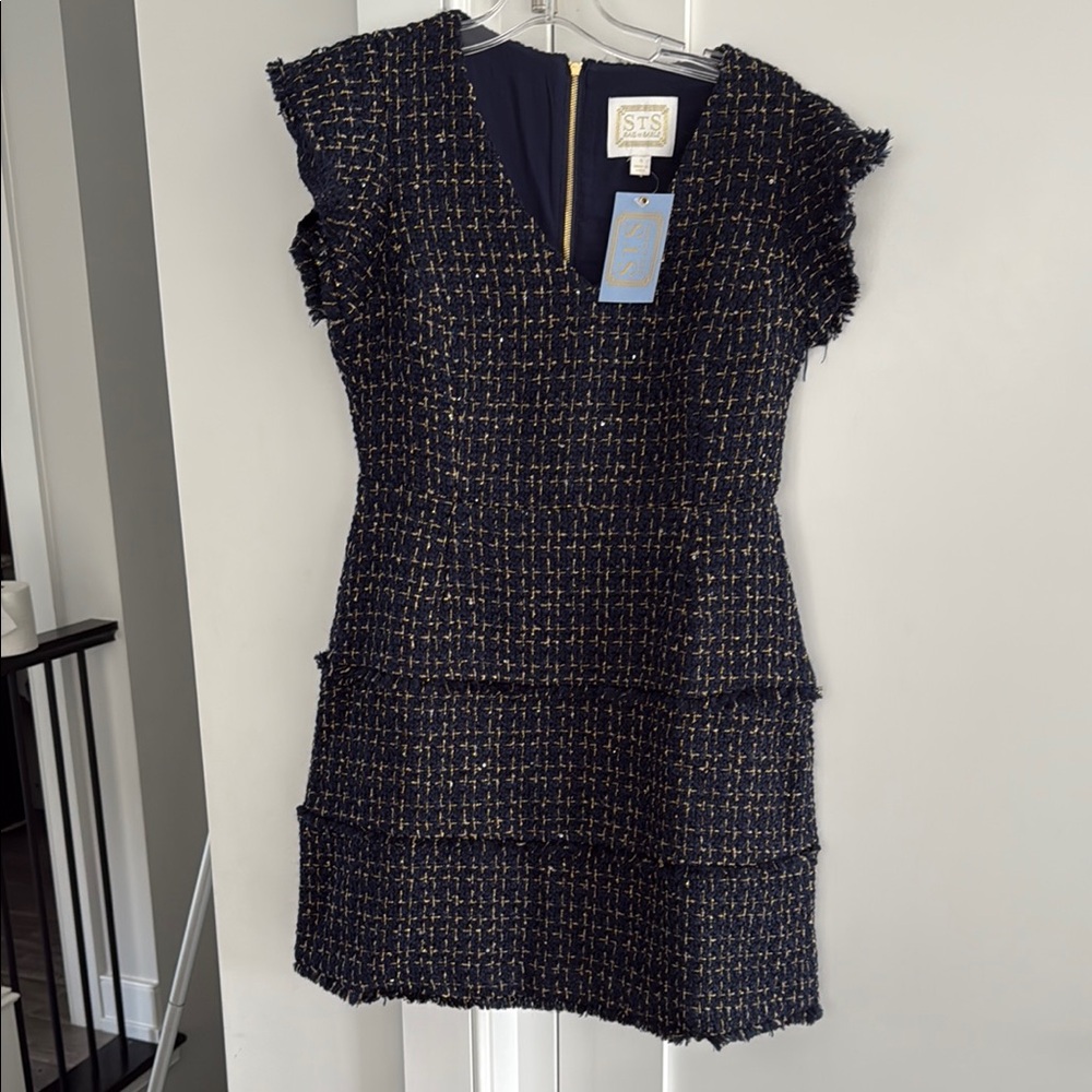 Navy Tweed tailored Sheath Mini Dress V-Neck, metallic gold accents NWT